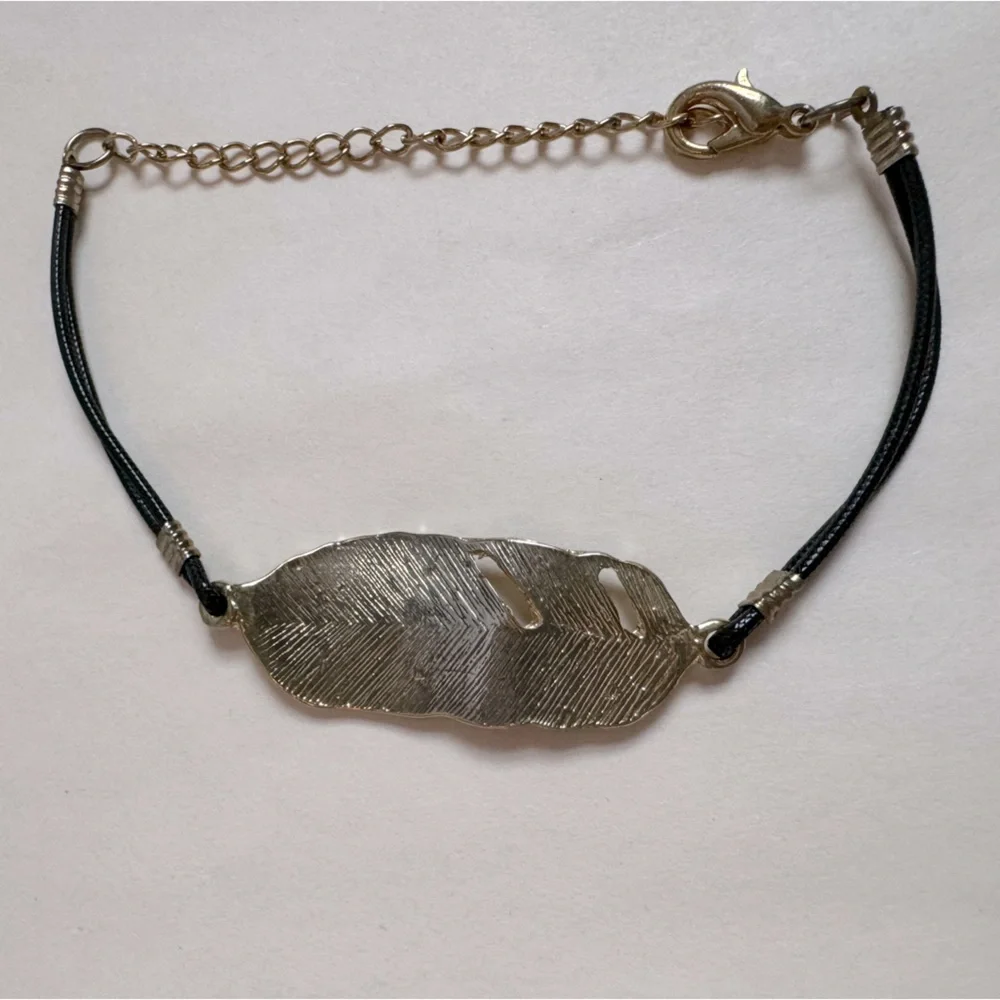 Gold Charm Bracelet Gold Feather Leaf Pendant Black Cord Metal…